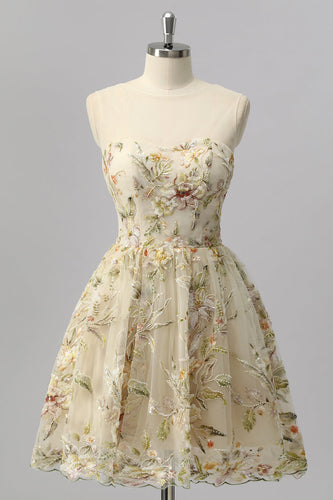 Glitzer Apricot Blumen A Linie Kurze Ball Kleid mit Perlen
