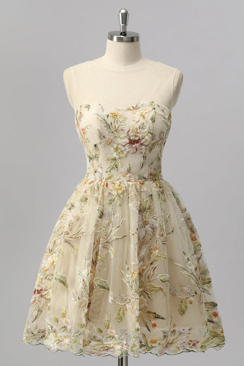 Laden Sie das Bild in den Galerie-Viewer, Glitzer Apricot Blumen A Linie Kurze Ball Kleid mit Perlen