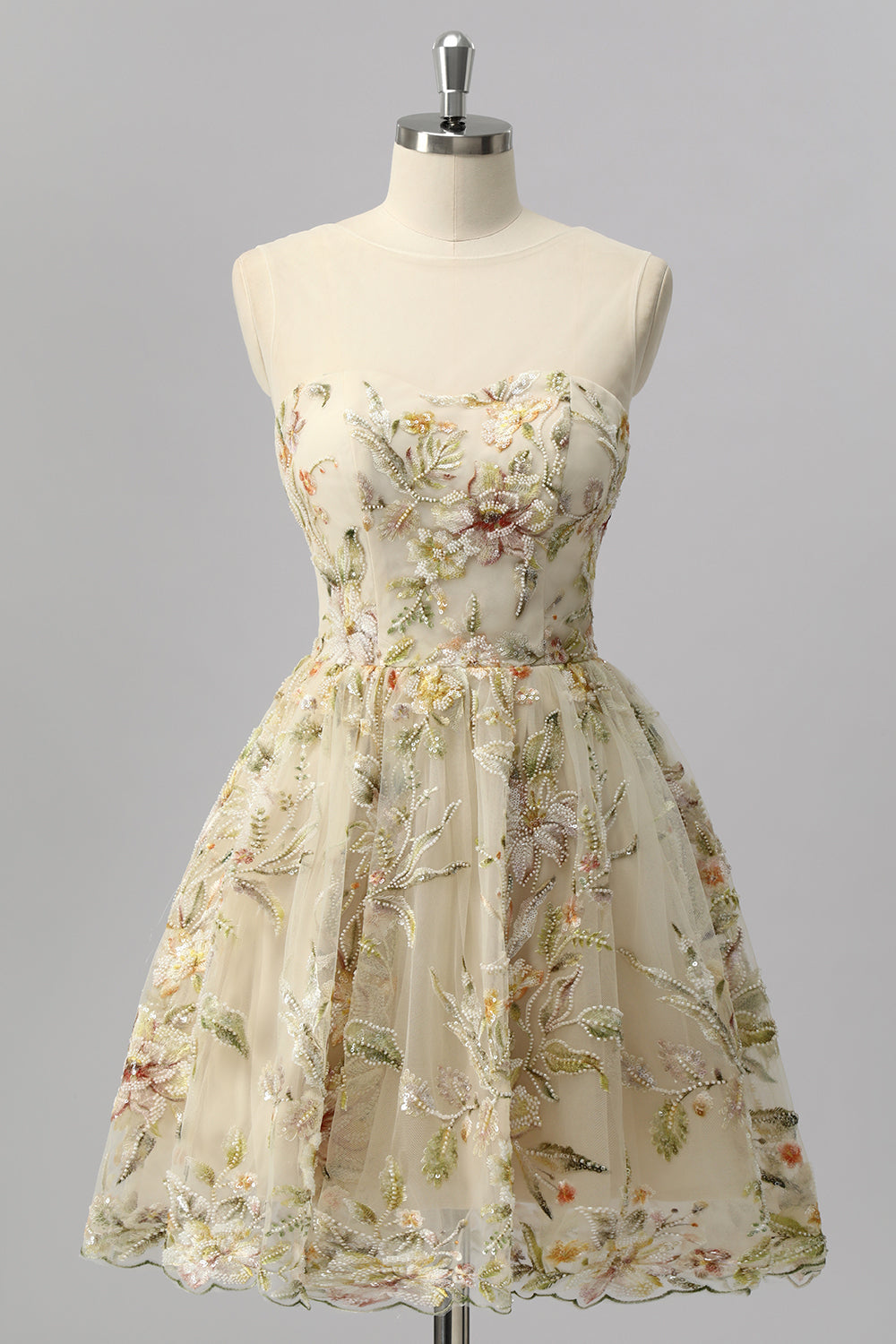 Glitzer Apricot Blumen A Linie Kurze Ball Kleid mit Perlen