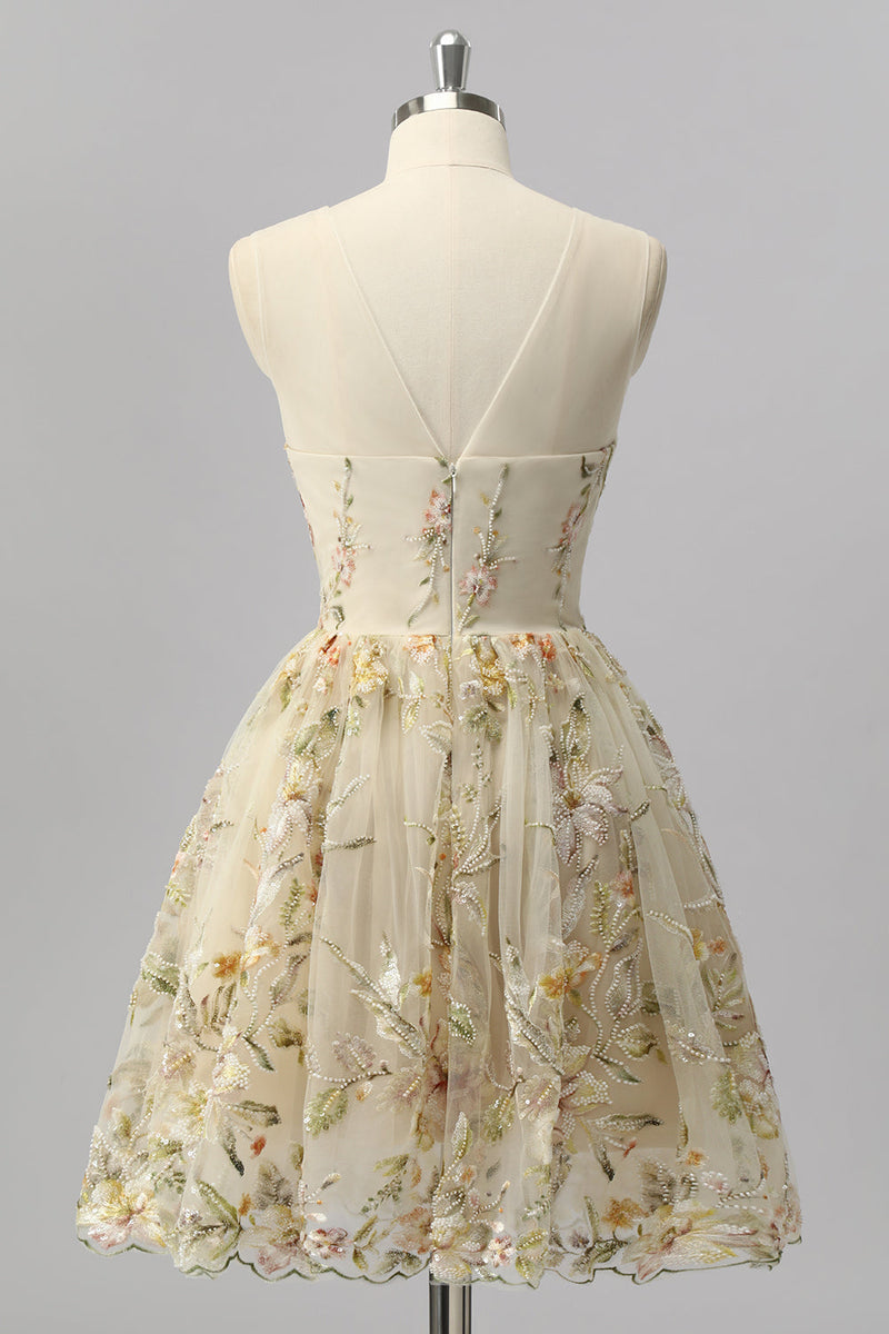 Laden Sie das Bild in den Galerie-Viewer, Glitzer Apricot Blumen A Linie Kurze Ball Kleid mit Perlen