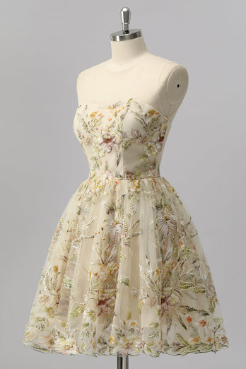 Glitzer Apricot Blumen A Linie Kurze Ball Kleid mit Perlen