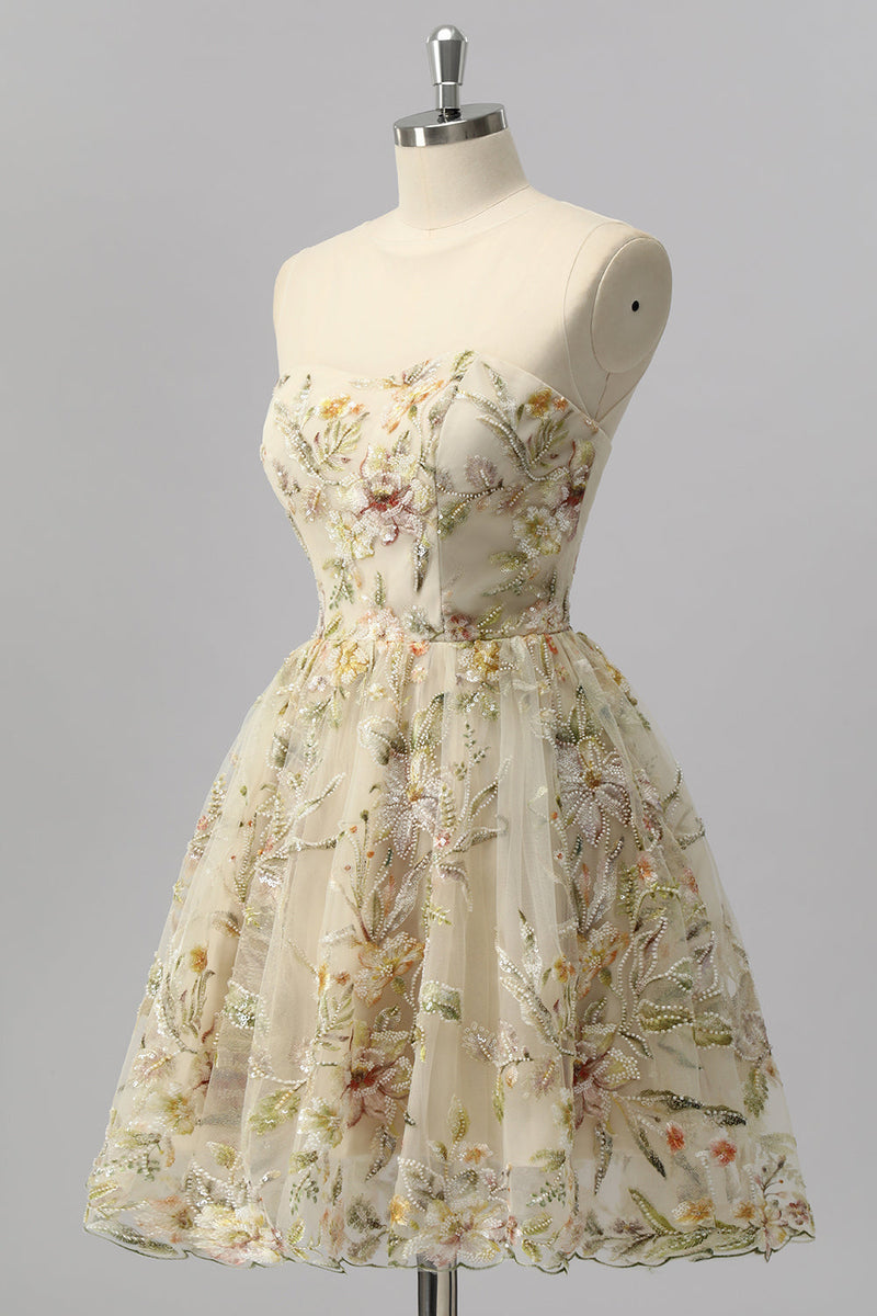 Laden Sie das Bild in den Galerie-Viewer, Glitzer Apricot Blumen A Linie Kurze Ball Kleid mit Perlen