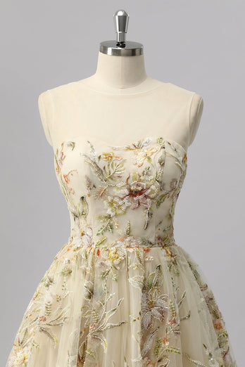 Glitzer Apricot Blumen A Linie Kurze Ball Kleid mit Perlen
