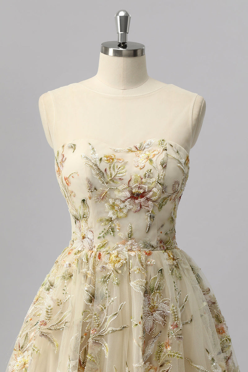 Laden Sie das Bild in den Galerie-Viewer, Glitzer Apricot Blumen A Linie Kurze Ball Kleid mit Perlen