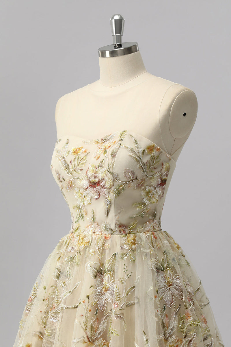 Laden Sie das Bild in den Galerie-Viewer, Glitzer Apricot Blumen A Linie Kurze Ball Kleid mit Perlen