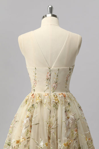 Glitzer Apricot Blumen A Linie Kurze Ball Kleid mit Perlen