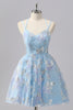Laden Sie das Bild in den Galerie-Viewer, Glitzer Blau Spaghettiträger Kurze Ball Kleid mit Pailletten