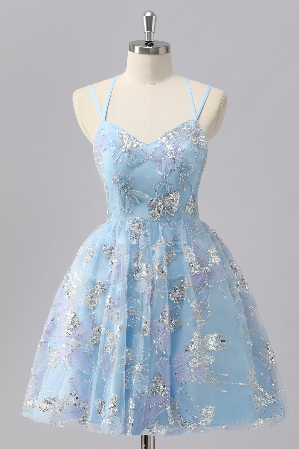 Glitzer Blau Spaghettiträger Kurze Ball Kleid mit Pailletten
