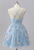 Laden Sie das Bild in den Galerie-Viewer, Glitzer Blau Spaghettiträger Kurze Ball Kleid mit Pailletten