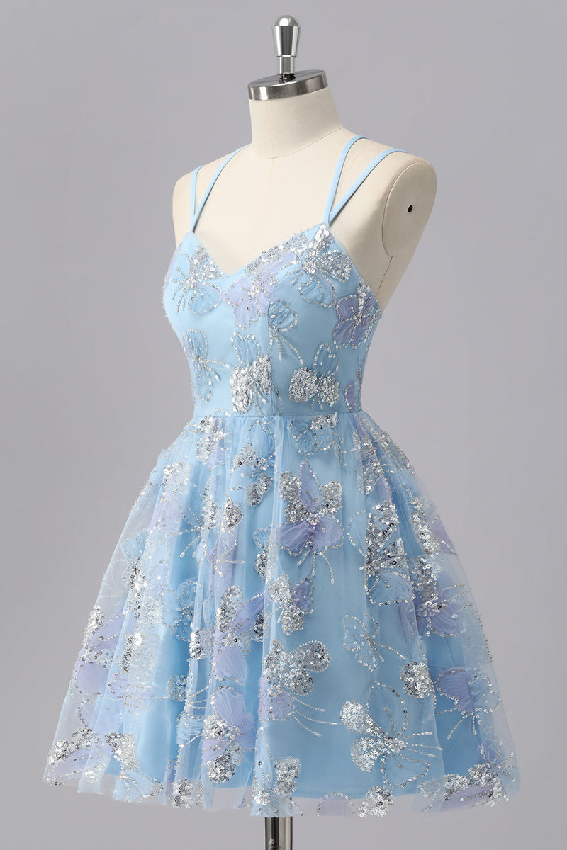 Laden Sie das Bild in den Galerie-Viewer, Glitzer Blau Spaghettiträger Kurze Ball Kleid mit Pailletten