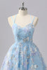 Laden Sie das Bild in den Galerie-Viewer, Glitzer Blau Spaghettiträger Kurze Ball Kleid mit Pailletten