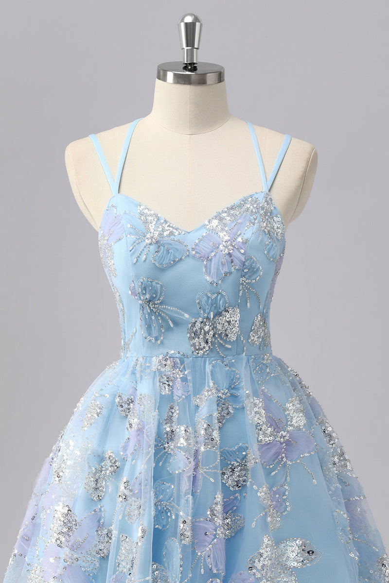 Laden Sie das Bild in den Galerie-Viewer, Glitzer Blau Spaghettiträger Kurze Ball Kleid mit Pailletten