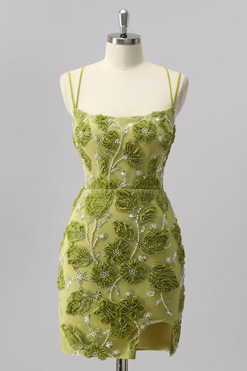 Glitzer Grün Cut Out Blumen Enge Kurze Ball Kleid mit Perlen