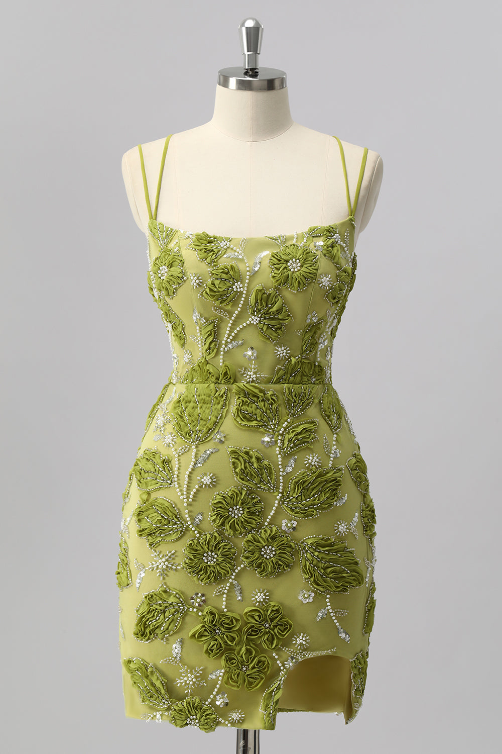 Glitzer Grün Cut Out Blumen Enge Kurze Ball Kleid mit Perlen