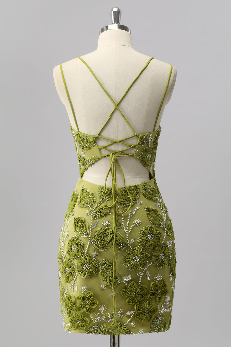 Laden Sie das Bild in den Galerie-Viewer, Glitzer Grün Cut Out Blumen Enge Kurze Ball Kleid mit Perlen