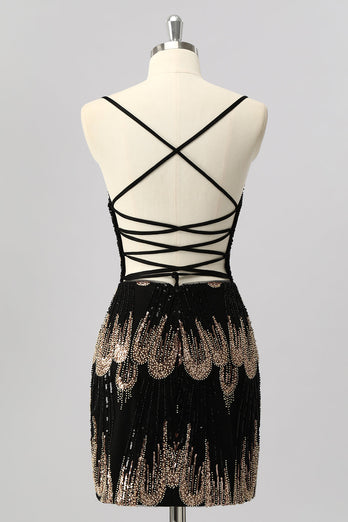 Glitzer Schwarz Perlen Enge Rückenfreie Kurze Ball Kleid