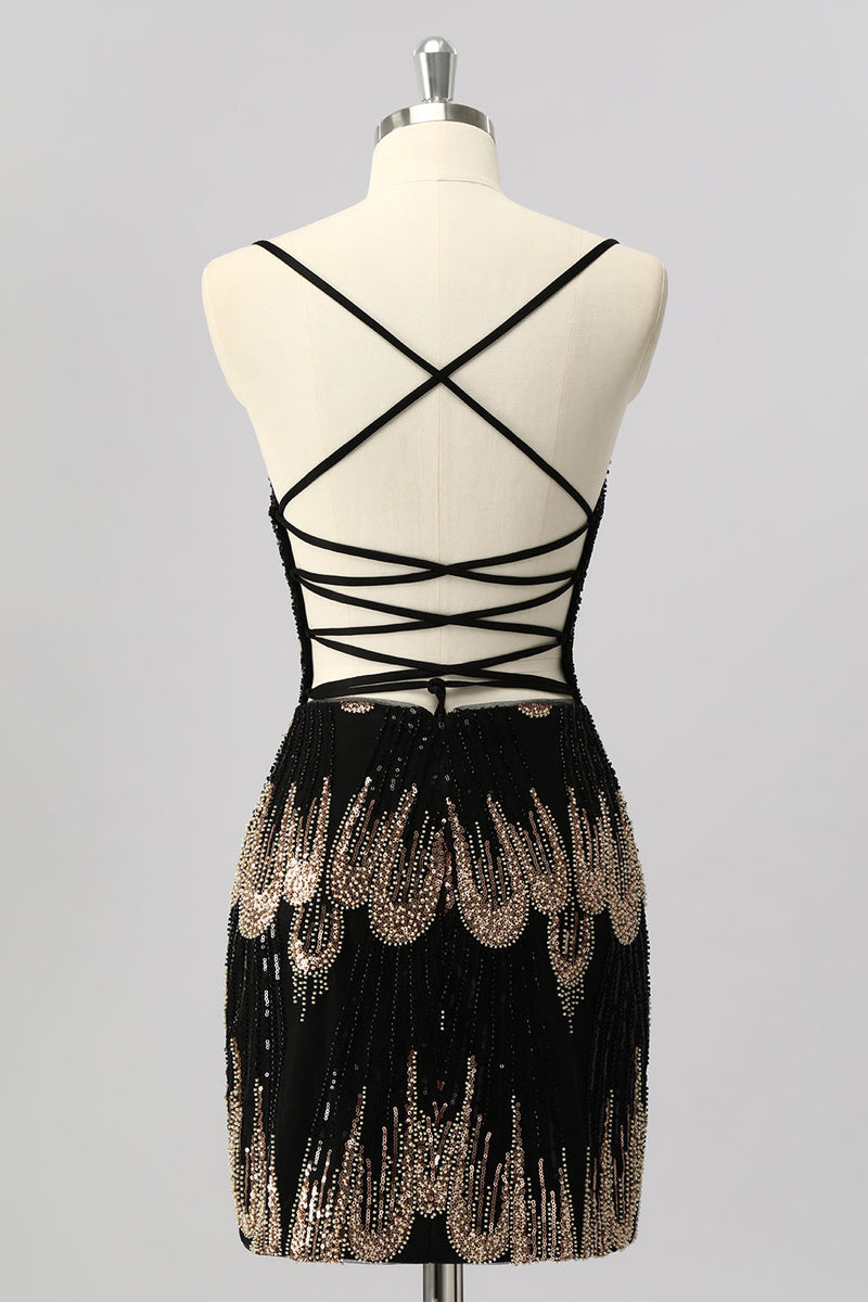 Laden Sie das Bild in den Galerie-Viewer, Glitzer Schwarz Perlen Enge Rückenfreie Kurze Ball Kleid