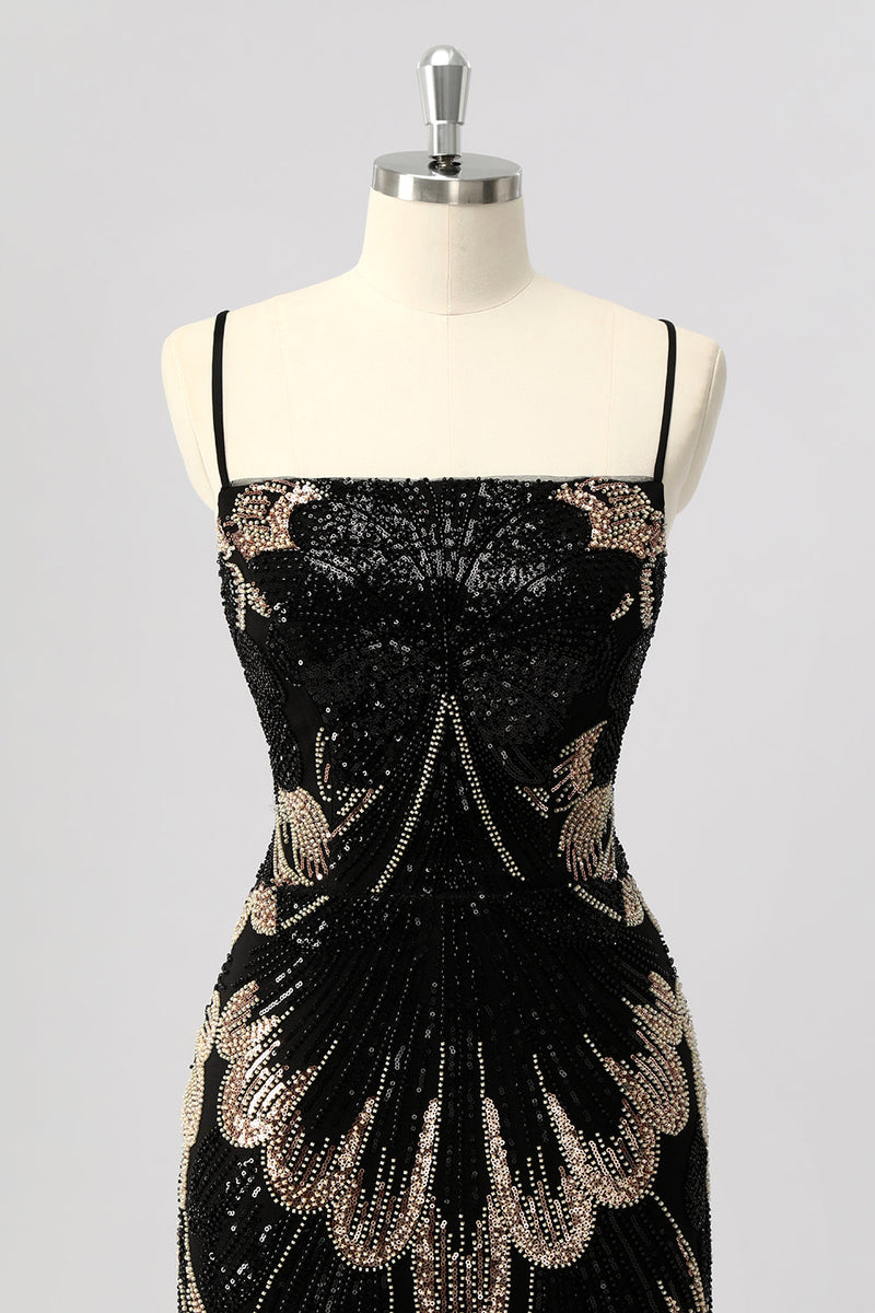 Laden Sie das Bild in den Galerie-Viewer, Glitzer Schwarz Perlen Enge Rückenfreie Kurze Ball Kleid