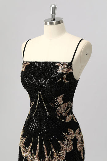 Glitzer Schwarz Perlen Enge Rückenfreie Kurze Ball Kleid