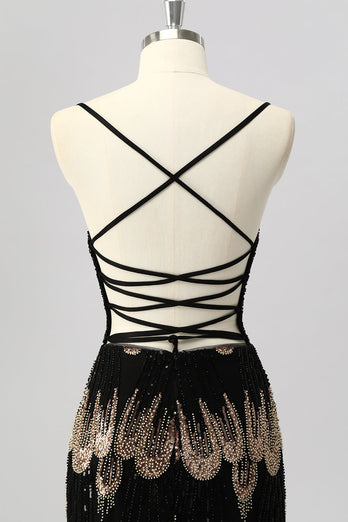 Glitzer Schwarz Perlen Enge Rückenfreie Kurze Ball Kleid