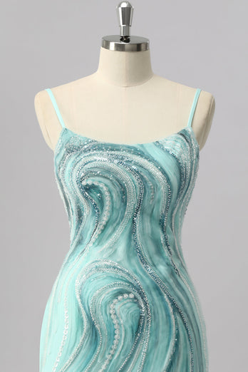 Glitzer Grün Perlen Enge Kurze Ball Kleid mit Schlitz