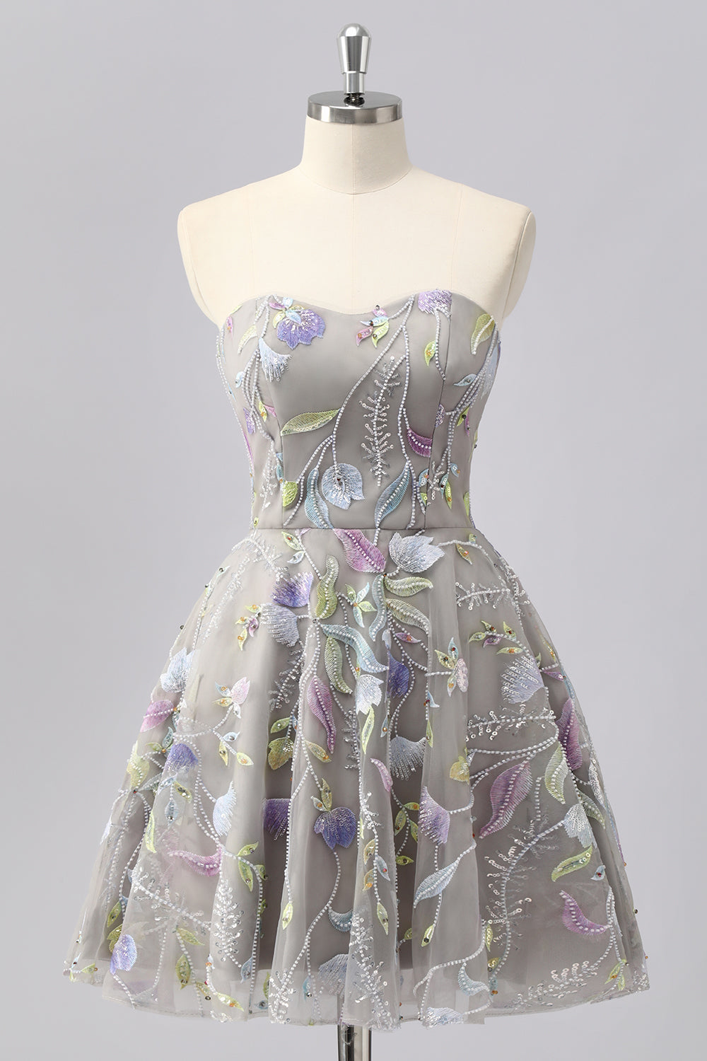 Glitzer Grau Herz-Ausschnitt Blumen Kurze Ball Kleid mit Perlen