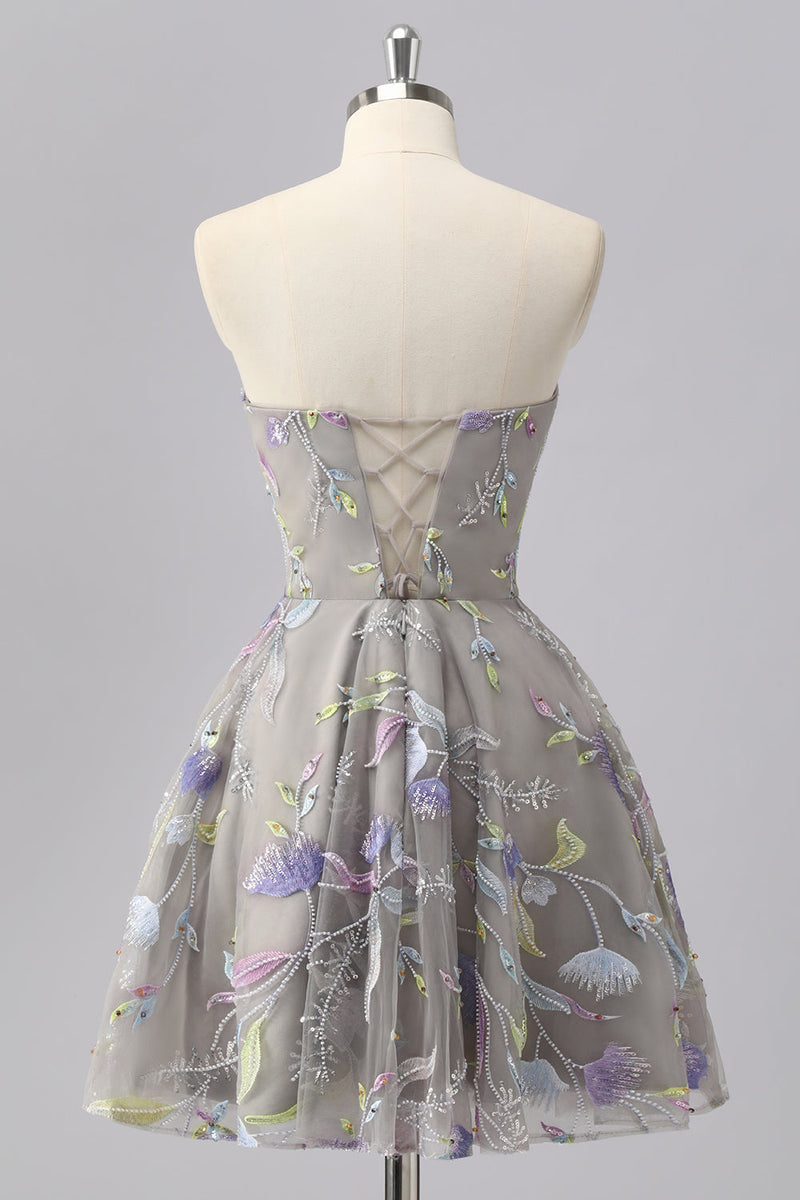 Laden Sie das Bild in den Galerie-Viewer, Glitzer Grau Herz-Ausschnitt Blumen Kurze Ball Kleid mit Perlen