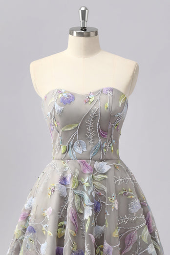 Glitzer Grau Herz-Ausschnitt Blumen Kurze Ball Kleid mit Perlen