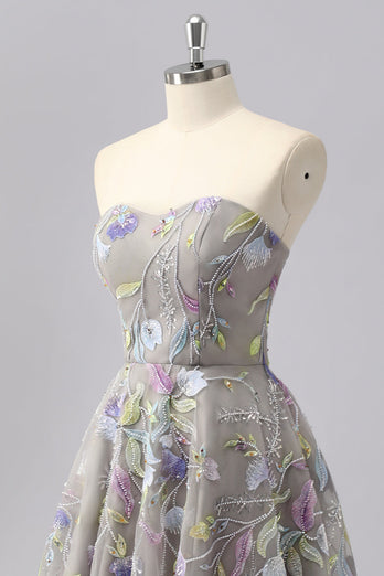 Glitzer Grau Herz-Ausschnitt Blumen Kurze Ball Kleid mit Perlen