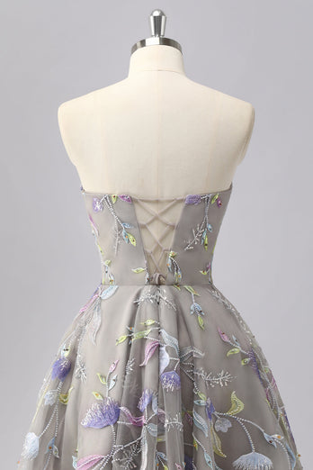 Glitzer Grau Herz-Ausschnitt Blumen Kurze Ball Kleid mit Perlen