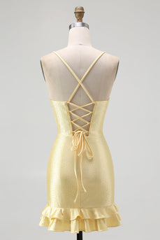 Glitzer Gelb Spaghettiträger Satin Rüschen Eng Kruze Ballkleid mit Perlen