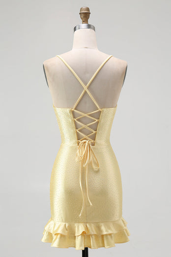 Glitzer Gelb Spaghettiträger Satin Rüschen Eng Kruze Ballkleid mit Perlen