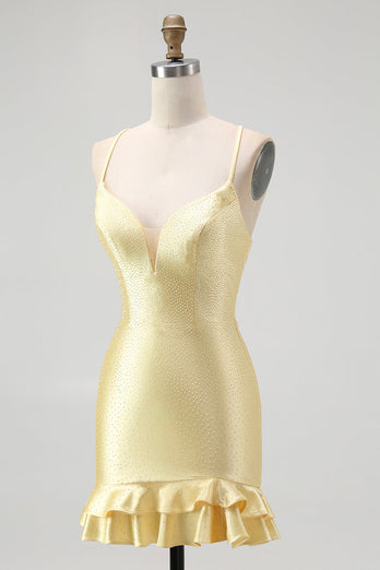 Glitzer Gelb Spaghettiträger Satin Rüschen Eng Kruze Ballkleid mit Perlen