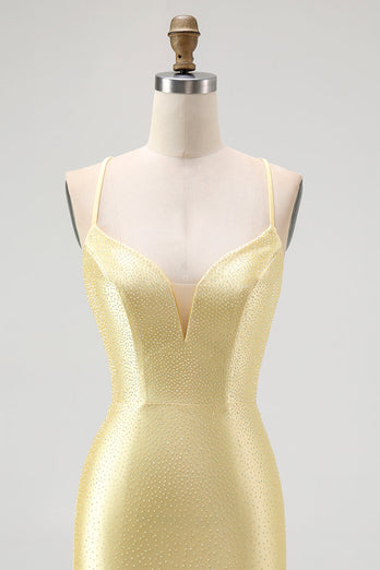 Glitzer Gelb Spaghettiträger Satin Rüschen Eng Kruze Ballkleid mit Perlen