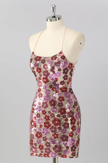Glitzer Rot Blumen Pailletten Enge Rückenfreie Kurze Ball Kleid