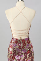 Laden Sie das Bild in den Galerie-Viewer, Glitzer Rot Blumen Pailletten Enge Rückenfreie Kurze Ball Kleid