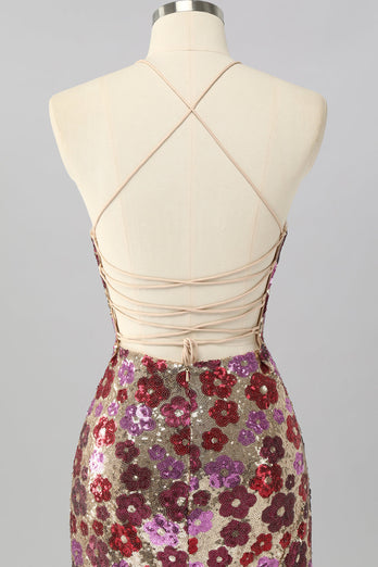 Glitzer Rot Blumen Pailletten Enge Rückenfreie Kurze Ball Kleid