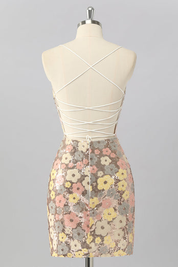Glitzer Gelbe Blume Rückenfreie Enge Kurze Ball Kleid mit Pailletten