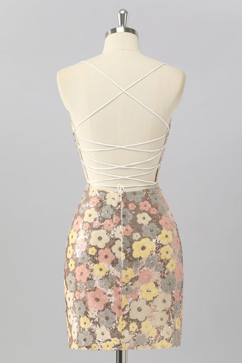 Laden Sie das Bild in den Galerie-Viewer, Glitzer Gelbe Blume Rückenfreie Enge Kurze Ball Kleid mit Pailletten