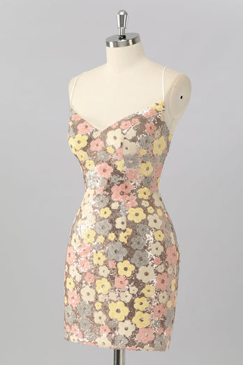 Glitzer Gelbe Blume Rückenfreie Enge Kurze Ball Kleid mit Pailletten