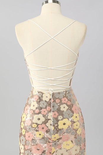 Glitzer Gelbe Blume Rückenfreie Enge Kurze Ball Kleid mit Pailletten