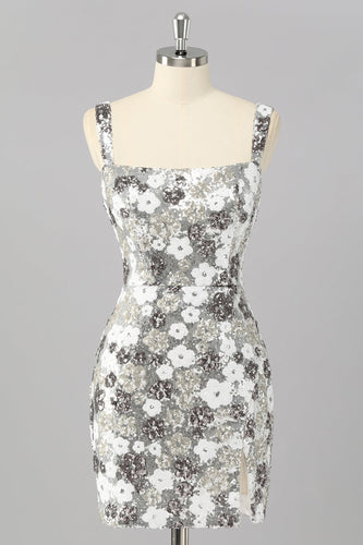 Glitzer Silber Pailletten Enge Kurze Ball Kleid