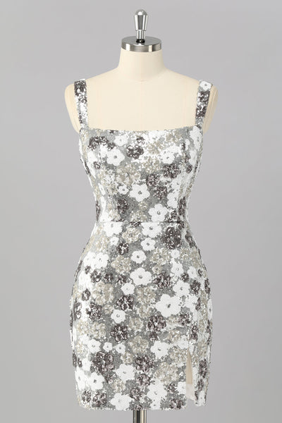 Glitzer Silber Pailletten Enge Kurze Ball Kleid