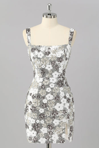 Glitzer Silber Pailletten Enge Kurze Ball Kleid