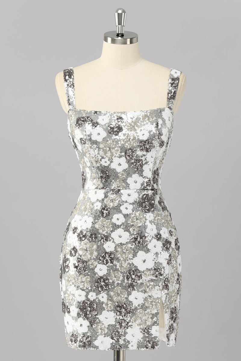 Laden Sie das Bild in den Galerie-Viewer, Glitzer Silber Pailletten Enge Kurze Ball Kleid