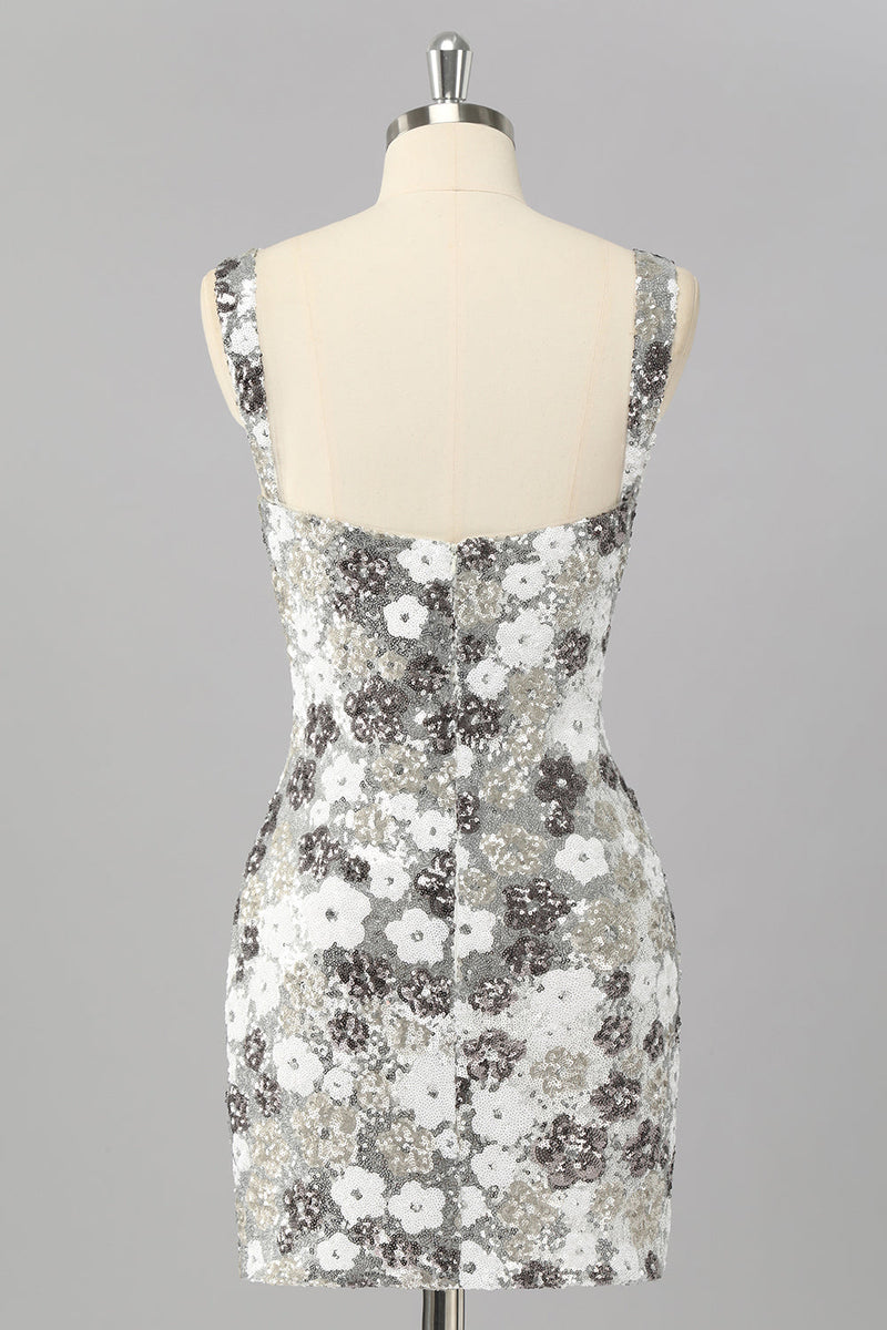 Laden Sie das Bild in den Galerie-Viewer, Glitzer Silber Pailletten Enge Kurze Ball Kleid
