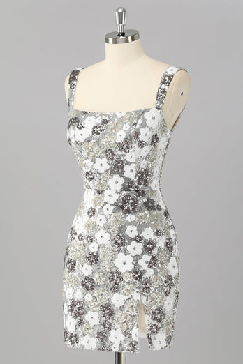 Glitzer Silber Pailletten Enge Kurze Ball Kleid