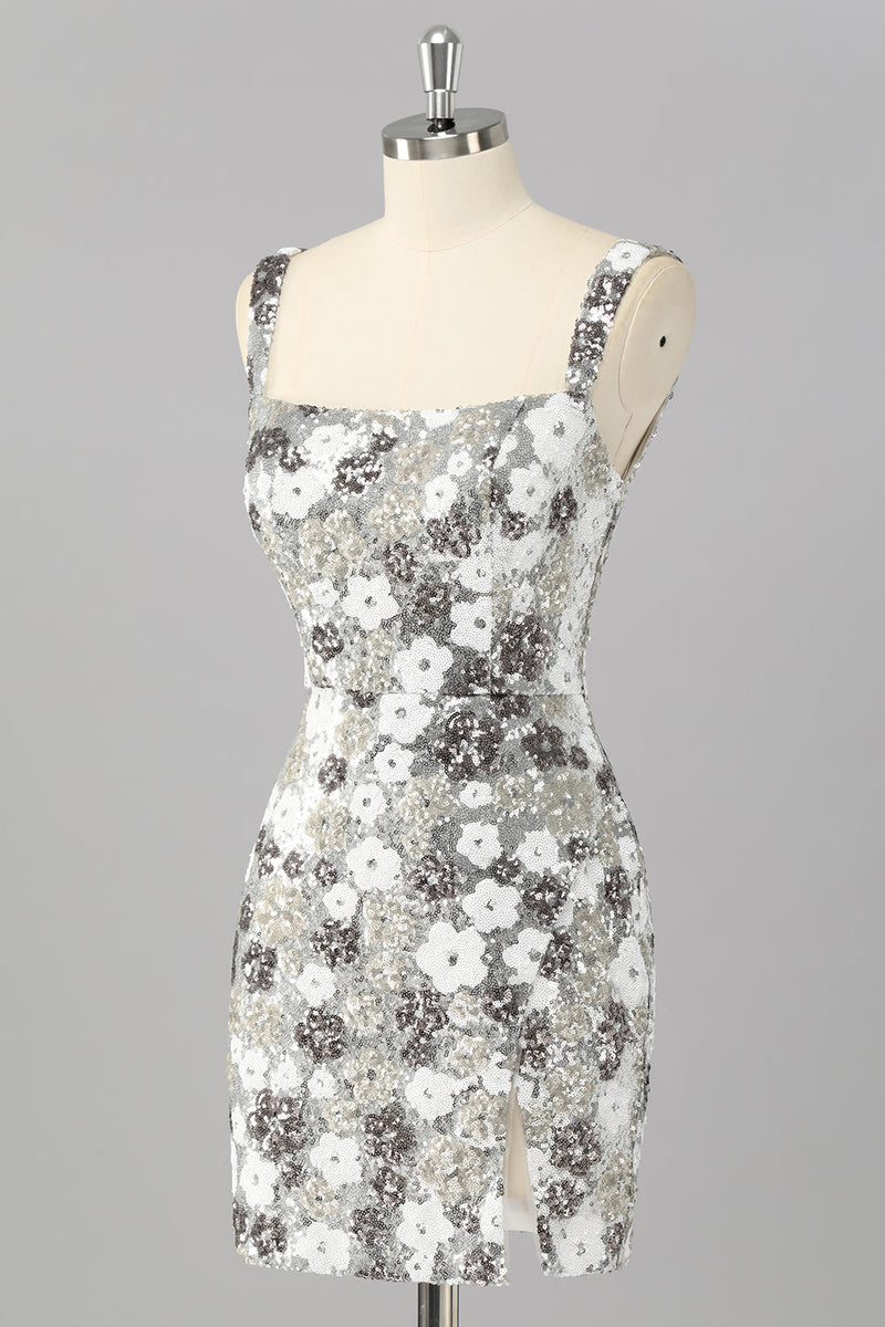 Laden Sie das Bild in den Galerie-Viewer, Glitzer Silber Pailletten Enge Kurze Ball Kleid