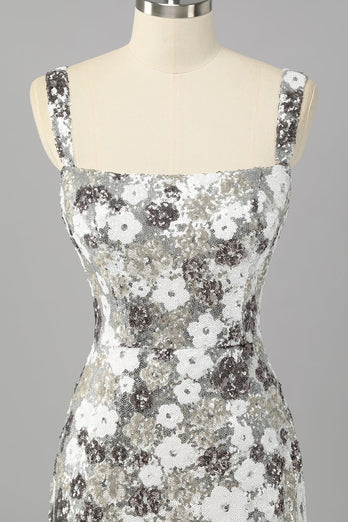 Glitzer Silber Pailletten Enge Kurze Ball Kleid