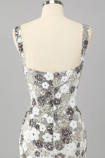 Glitzer Silber Pailletten Enge Kurze Ball Kleid